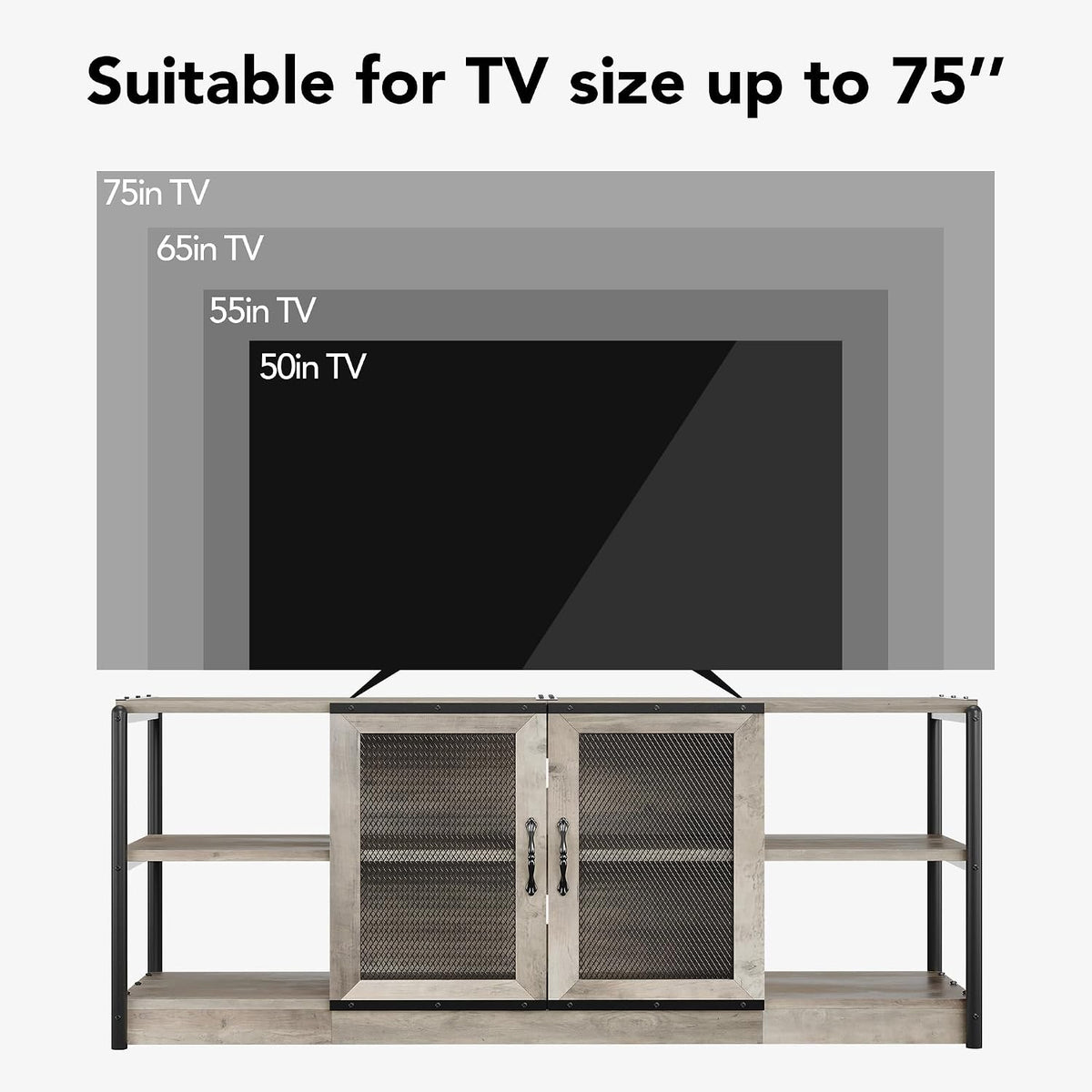 Amyove TV Stand for 65+ Inch TV, Industrial Entertainment Center TV Media Console Table, Farmhouse TV Stand with Storage, Mesh Door and Shelves, Gray TV Console Cabinet Furniture for Living Room