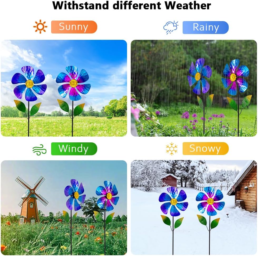Viveta 2 Pack Garden Wind Spinners, 35.4 "Flower Metal Windmill,Pink and Blue Wind Sculpture,Pinwheels for Yard and Garden