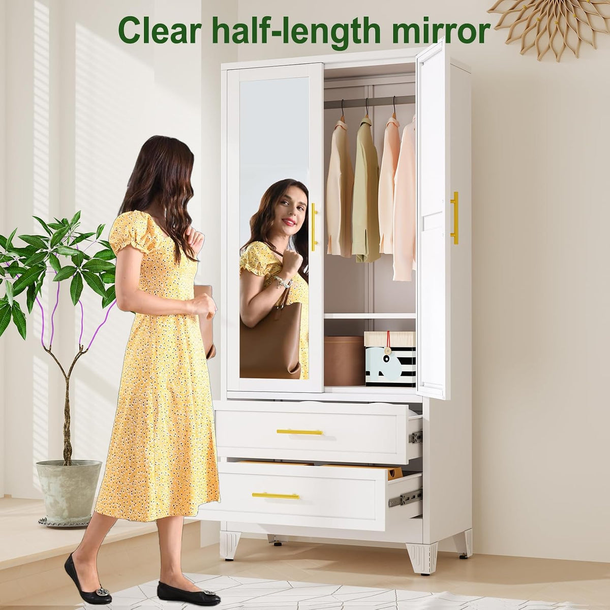 winiowa Metal Armoire Wardrobe Closet with 2 Drawers, 71" Wardrobe Cabinet with Adjustable Shelves and Hanging Rod, Clothing Storage Cabinet Closet with Mirror for Bedroom-White