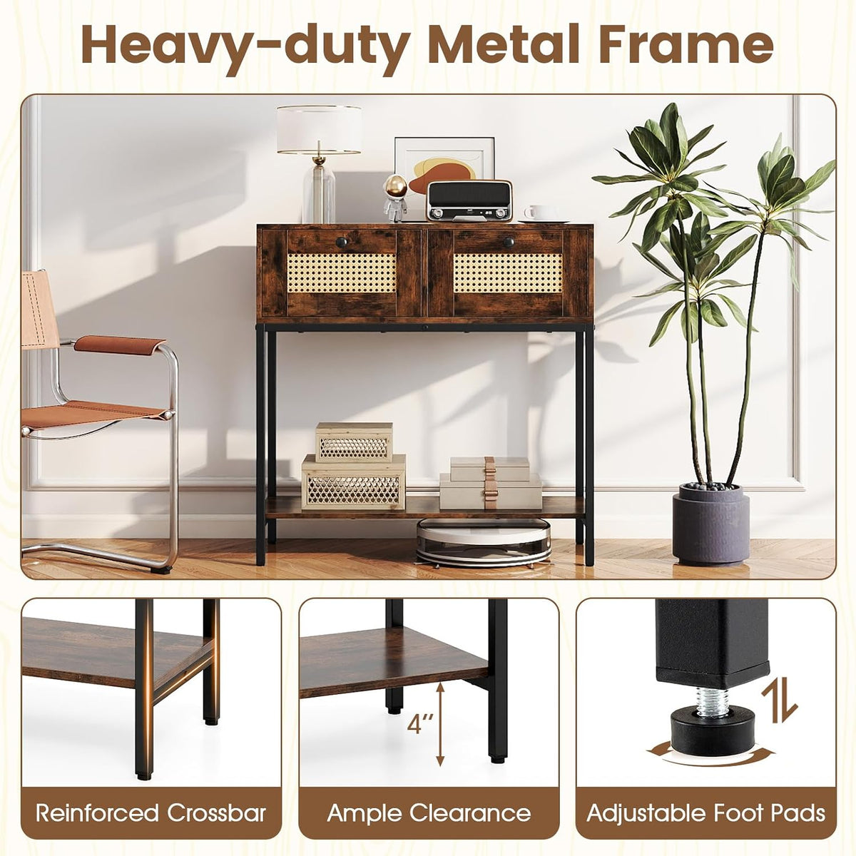 GOFLAME Rattan Console Table, Boho Entryway Table with 2 Drawers & Open Storage Shelf, Narrow Long Sofa Table with Metal Legs, Foyer Table Behind Couch Table for Living Room, Hallway, Rustic Brown