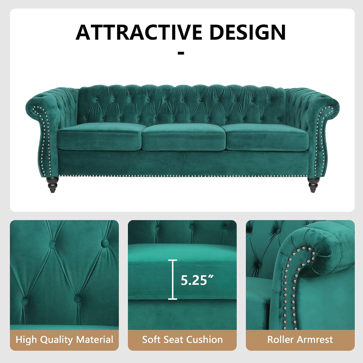 Velvet Sofa Couches Set, 3-Piece Mid Century Modern Upholstered Couch with Cushions, Home Sofa Sectional Furniture Sets, Comfy Tufted Chesterfield Couches for Living Room, Bedroom, Office