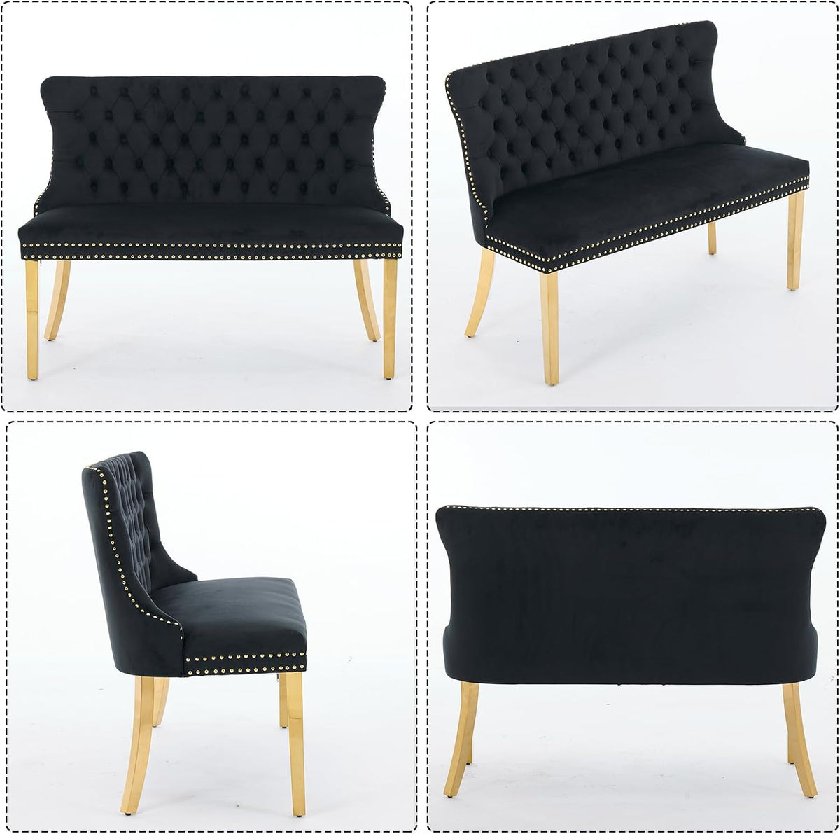 Henf Modern Tufted Velvet Dining Bench with Wing Back, 2-Seat, Nailhead Trim, Sturdy Stainless Steel Legs, Entryway Bench Small Upholstered Loveseat Sofa, 45.6''W x 22.7''D x 35.2''H (Black&Gold)