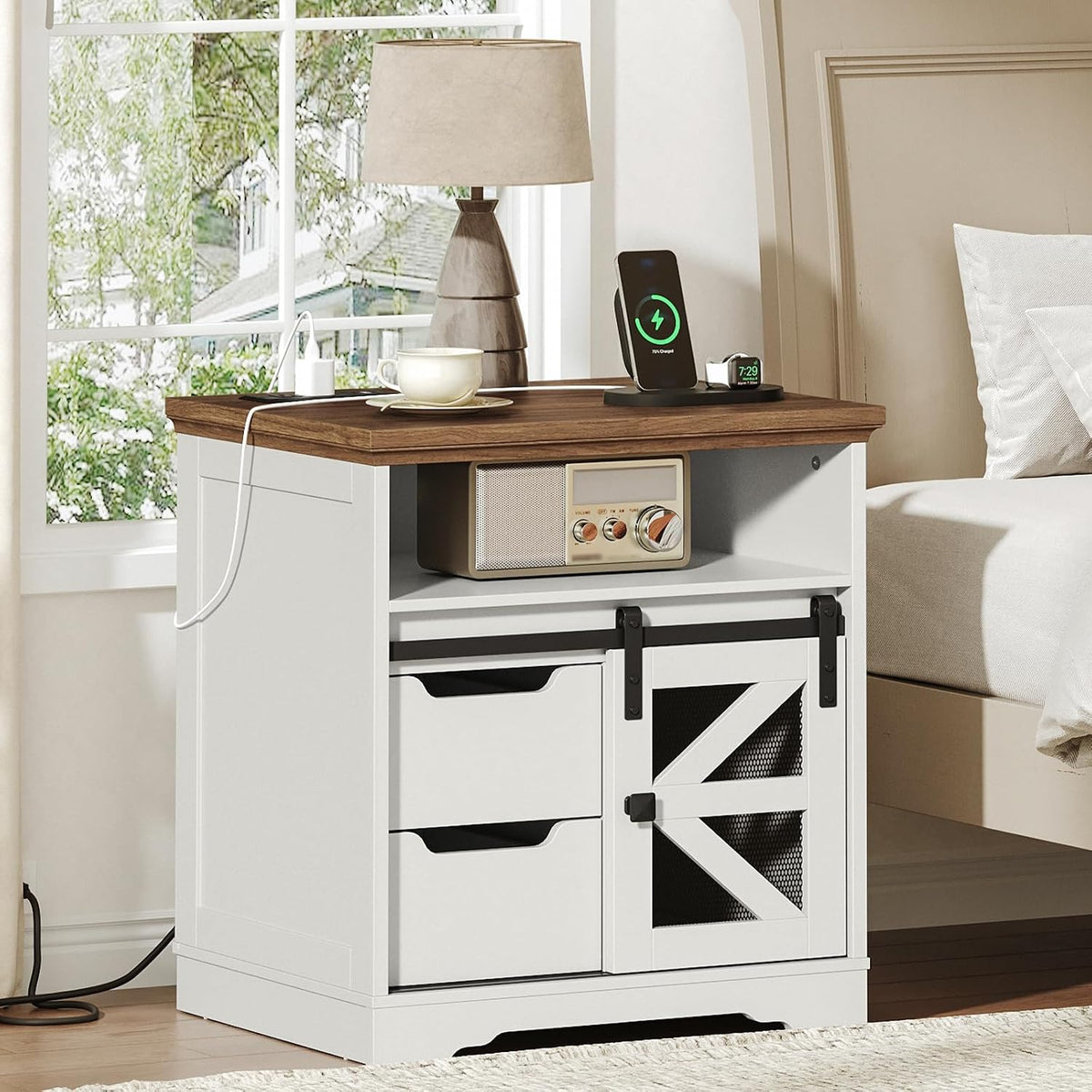 RALGEND Farmhouse End Table with Charging Station, Sofa Side Table with 2 Drawers and Barn Door, Rustic Wooden Nightstand Bedside Table for Bedroom, Living Room,White and Walnut