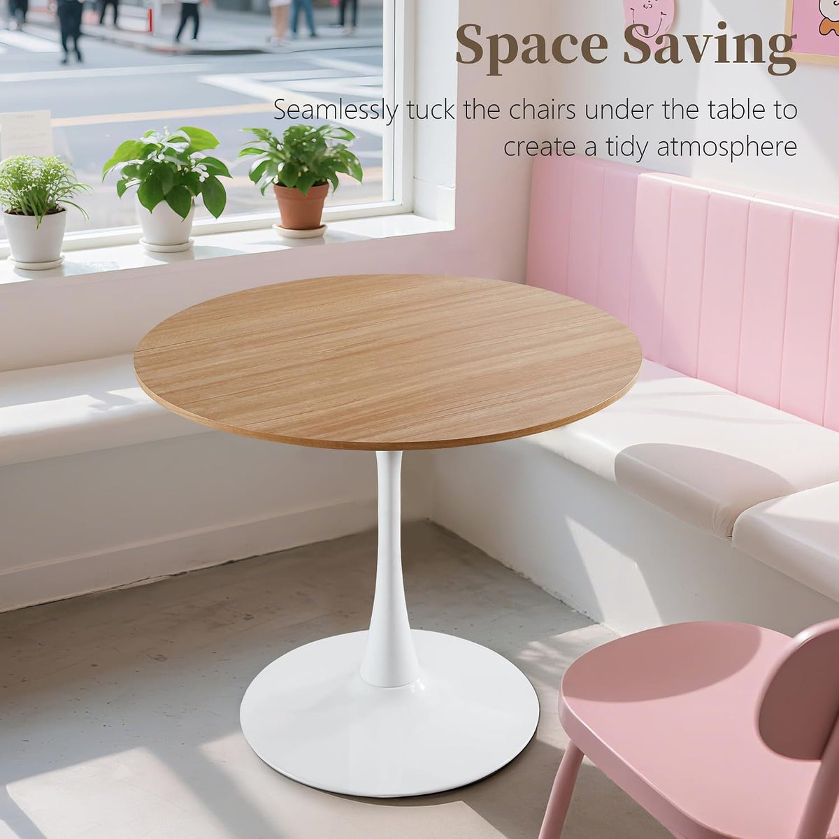 31.5 Inch Round Dining Table,Mid-Century Tulip Table with Metal Pedestal Base,Modern Leisure Table for Small Space Kitchen Dining Room,Easy Assembly,White and Oak
