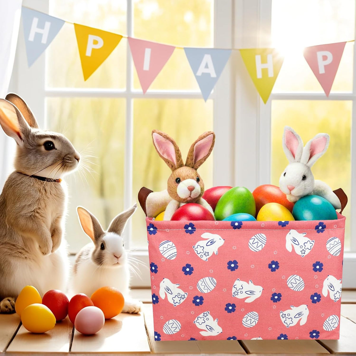 Large Rectangular Cute Kid Easter Basket Empty Bunny Eggs Easter Basket Gift Spring Room Storage Organizer Décor (Rabbit Pink Background)