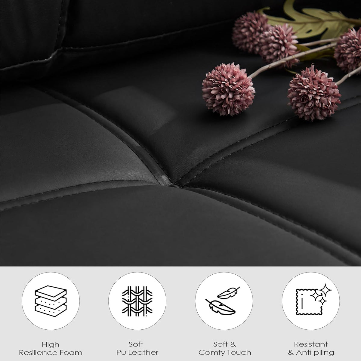 TYBOATLE 88" W Faux Leather Couches w/USB, Tufted Mid-Century Modern Comfy Black Leather Couch w/Side Pockets and Wider Arms for Living Room, 3 Seater Leathe Sofa for Office, Apartment, Bedroom