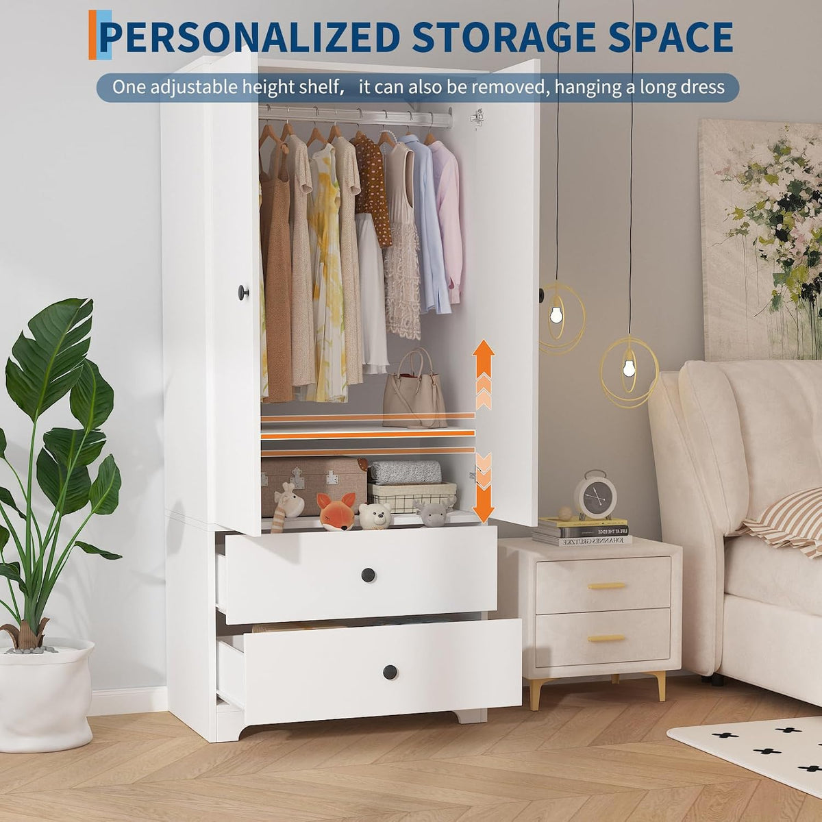 Garvee 71" Armoire Wardrobe Closet, Modern Wooden Bedroom Armoire with 2 Drawers & 2 Doors and Adjustable Shelves，Clothing Storage Cabinet with Aluminum Hanging Rod, Locker