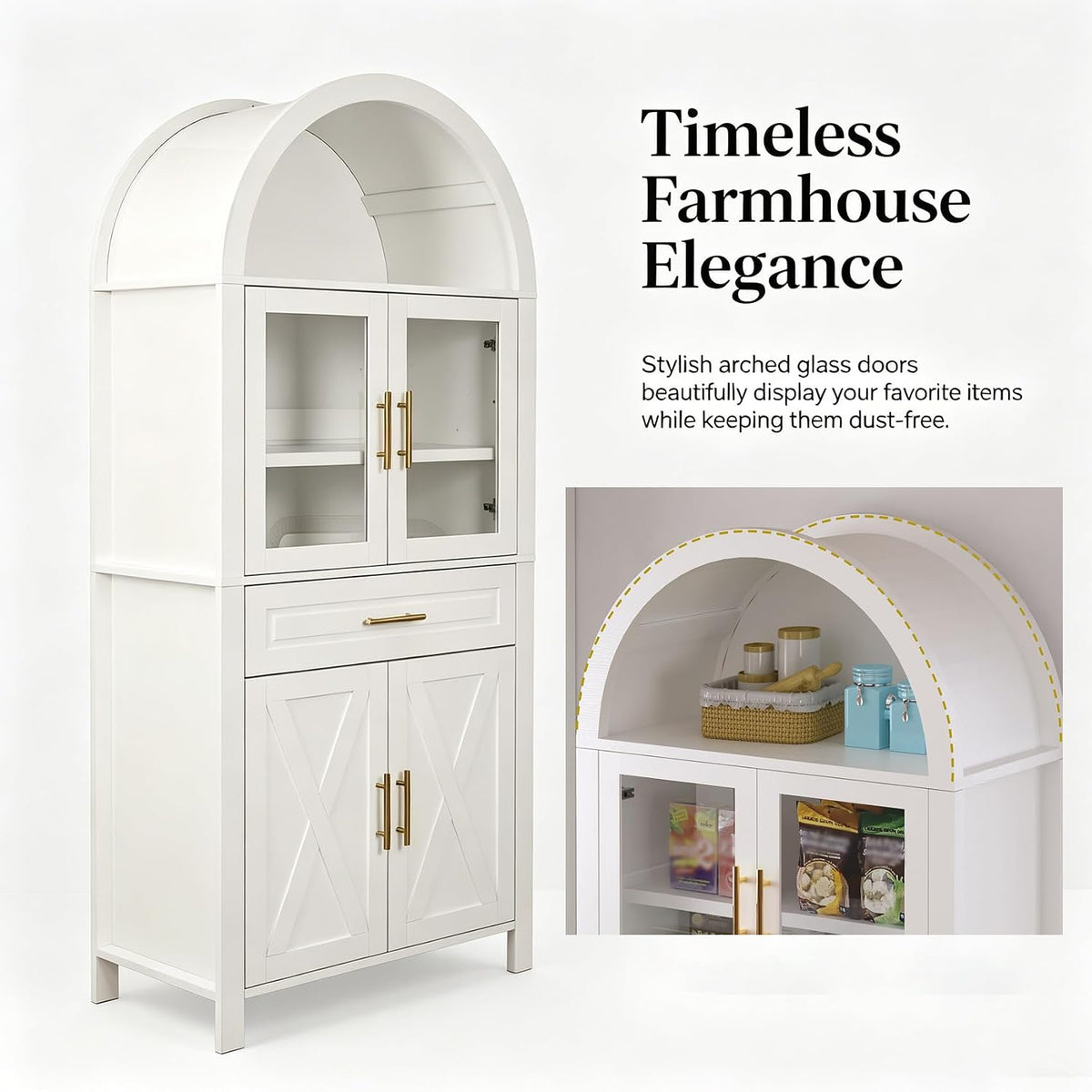 71" Tall Arched Kitchen Pantry Cabinet with Glass Doors - Farmhouse Storage Cabinet with Adjustable Shelves & Barn Door Design - Freestanding Cupboard for Kitchen, Dining & Living Room (White)