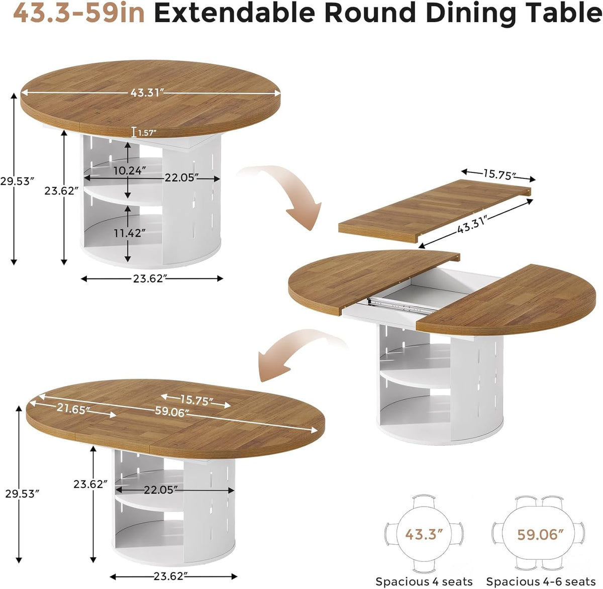 43.3in-59in Extendable Round Dining Table for 4-6, Modern Oval Dining Table with Storage Shelf & White Metal Frame, Space-Saving Expandable Table for Kitchen & Living Room, Oak