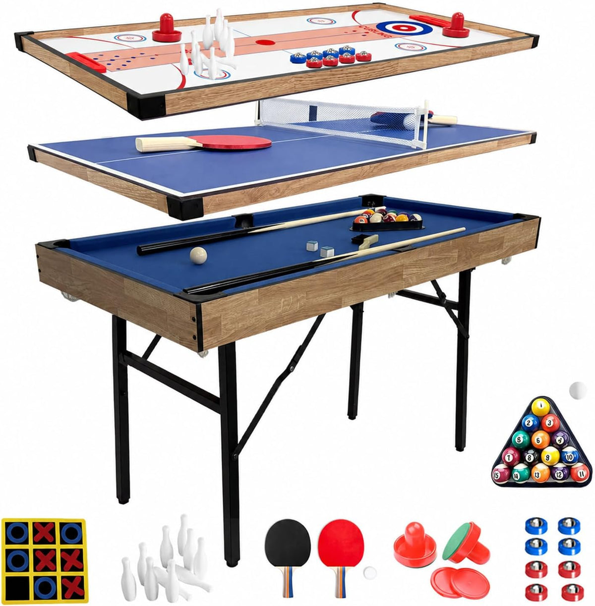 6 in 1 Multi Game Table Folding Pool Table, Billiard, Hockey, Table Tennis, Bowling, Shuffle Board and Tic Tac Toe with All Accessories