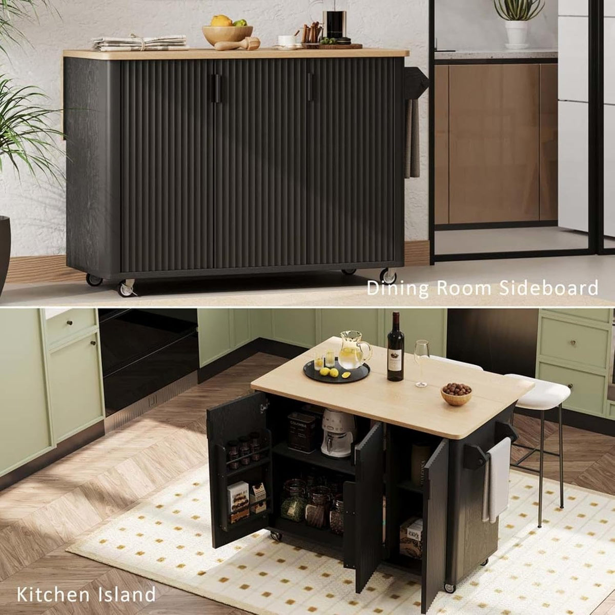 Rolling Island Cart for Kitchen with Drop Leaf with Storage and Dining Table, Kitchen Islands with Storage Cabinets with Wheels Towel Rack， for Kitchen, Dining Room, Black