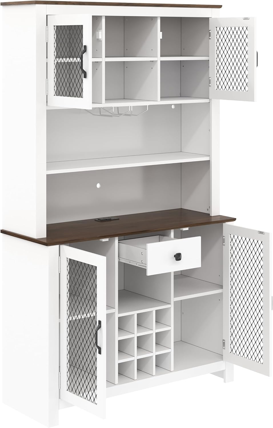 70.9” Kitchen Pantry Cabinet, Farmhouse Rustic Buffet Hutch with LED Lighting and Power Outlets, Large Food Pantry Cabinet with Doors and Adjustable Shelves, Storage Cabinet with Wine Rack for Kitchen