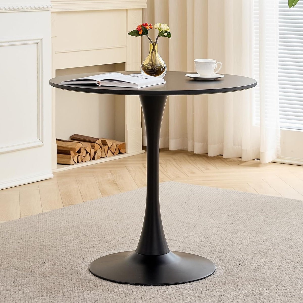 23.6" Small Round Dining Table for 2 4, [Sturdy Metal Tulip Base] Black Modern Circle Kitchen Table, Space Saving, for Dining Room Apartment Office