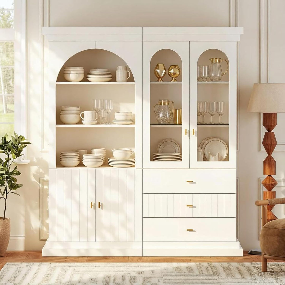 71" Arched Kitchen Modern Pantry Storage Cabinet, Tall Display Cabinet for Living Room and Dining Room with 1 Glass Door and 1 Open Shelf Cabinet with Drawers, White with Gold Handles, 2 of Set