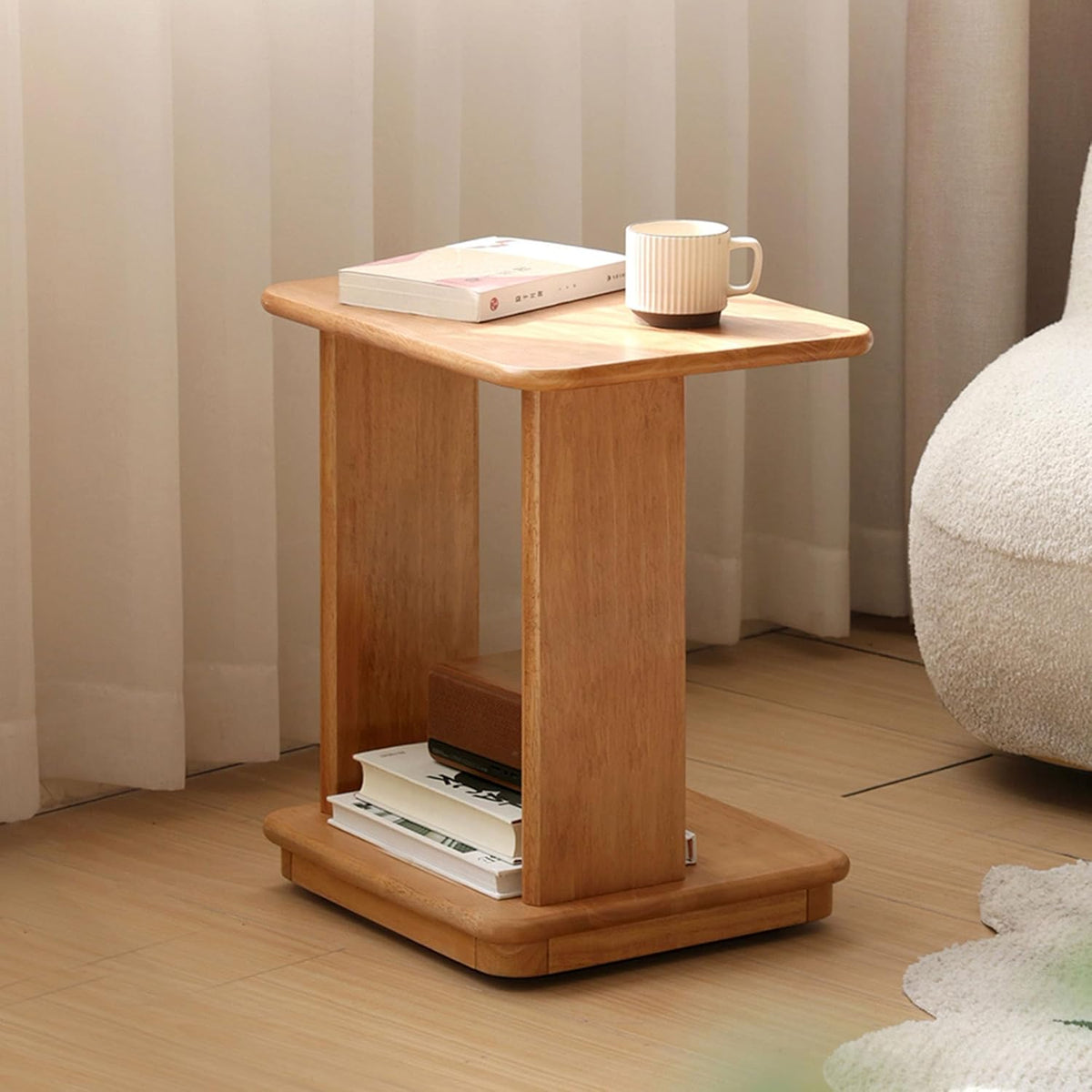 YESWOOD C Shaped End Table, Solid Wood Side Table, Small Rolling Side Table with 4 Lockable Wheels, 2-Tier Wood Bedside Table, End Tables Living Room, Bed Side Tables Bedroom, Home Office(19.69" H)