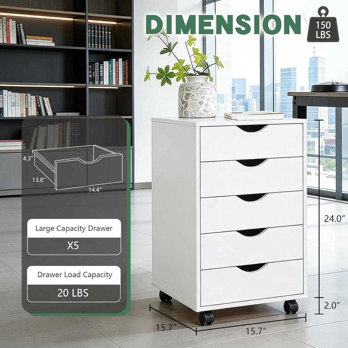 SweetGO 5 Drawer File Cabinet, Under Desk Storage with Drawers, Wood File cabinets for Home Office, Dorms (White)