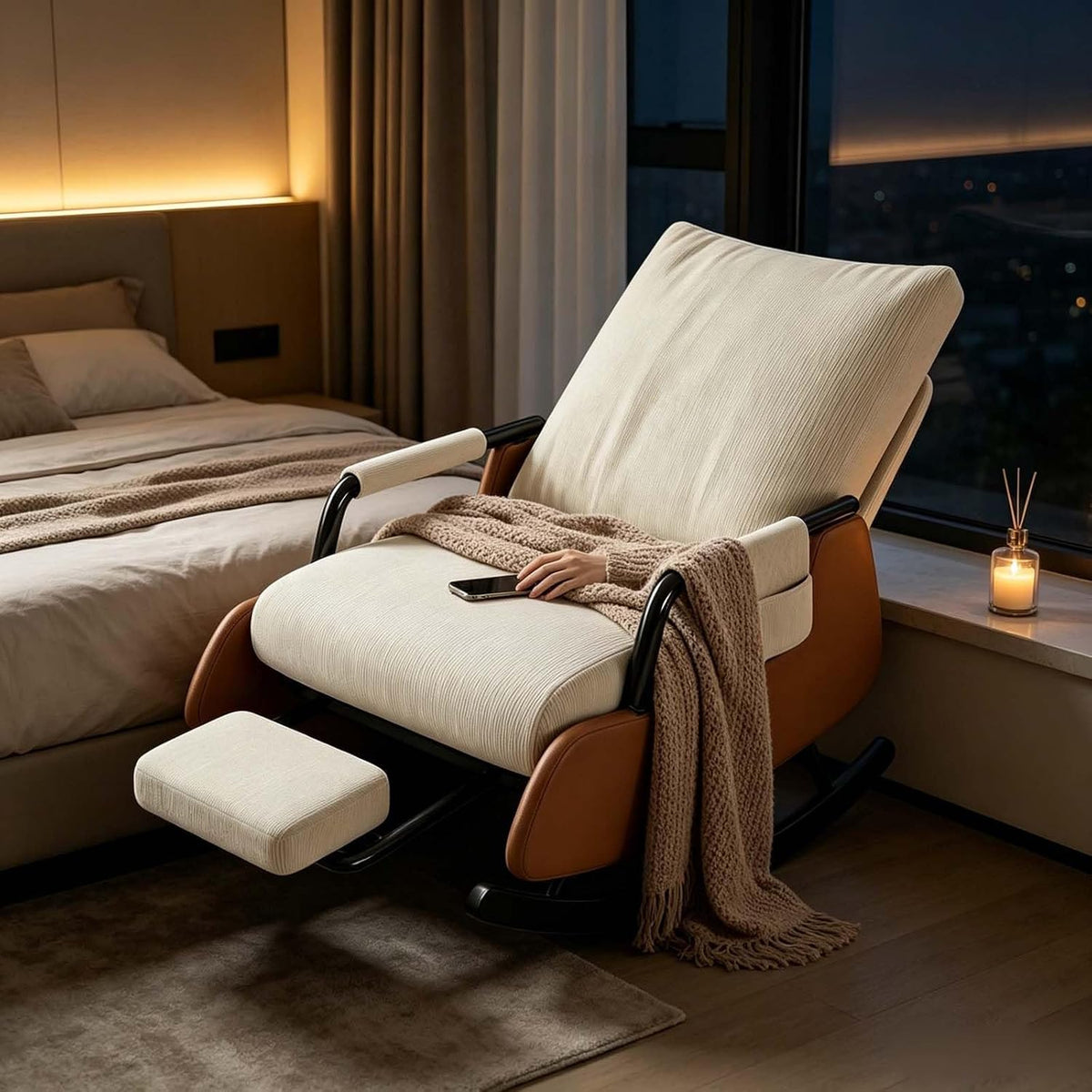 Ergonomic Folding Rocking Chair with Footrest,Folding Rocking Chair | Single Lazy Relax Chair with Arm Storage Pocket for Reading Napping Lounging