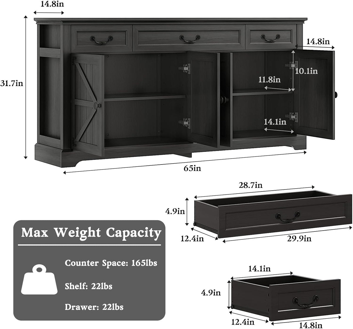 Vipbear 65" Large Sideboard Buffet Cabinet with Storage, Farmhouse Buffet Table Wine Coffee Bar Kitchen Storage Cabinet with 3 Drawers 4 Doors for Living Room, Kitchen, Dining Room, Black Oak