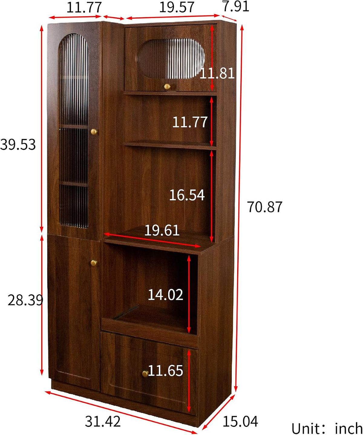KEIKI 70.87" H Tall Kitchen Pantry Storage Cabinet with Countertop, Glass Doors, Drawers, Microwave Stand & Pull-Out Shelf, Freestanding Wood Hutch Food Pantries Cupboard for Coffee Bar, Dining Room