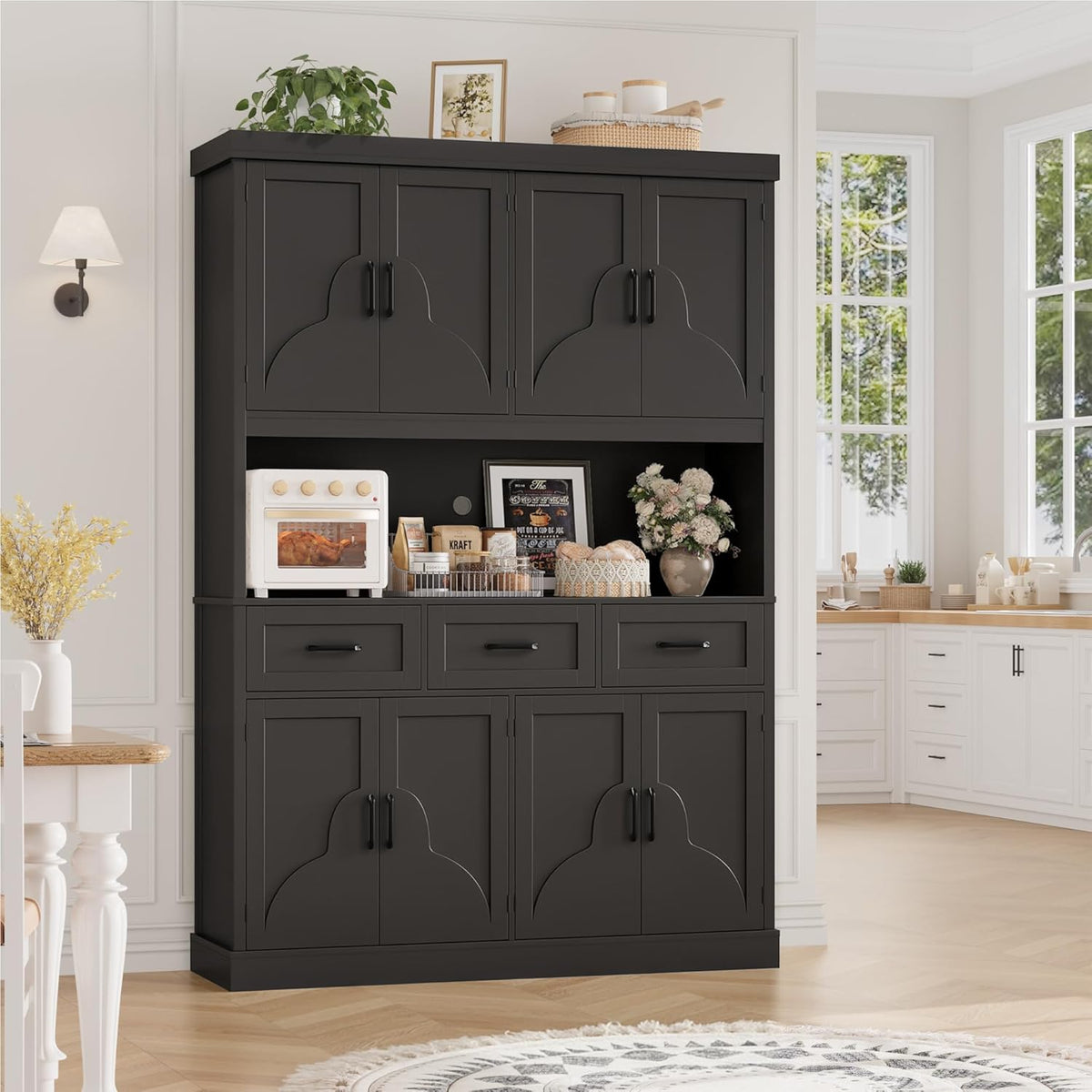 HITHOS 76" Tall Kitchen Pantry Storage Cabinet, 55“ Wide Kitchen Hutch Cabinet with Storage Drawers, Large Food Pantry with Microwave Stand, Modern Cupboard with Hutch for Dining Living Room, Black