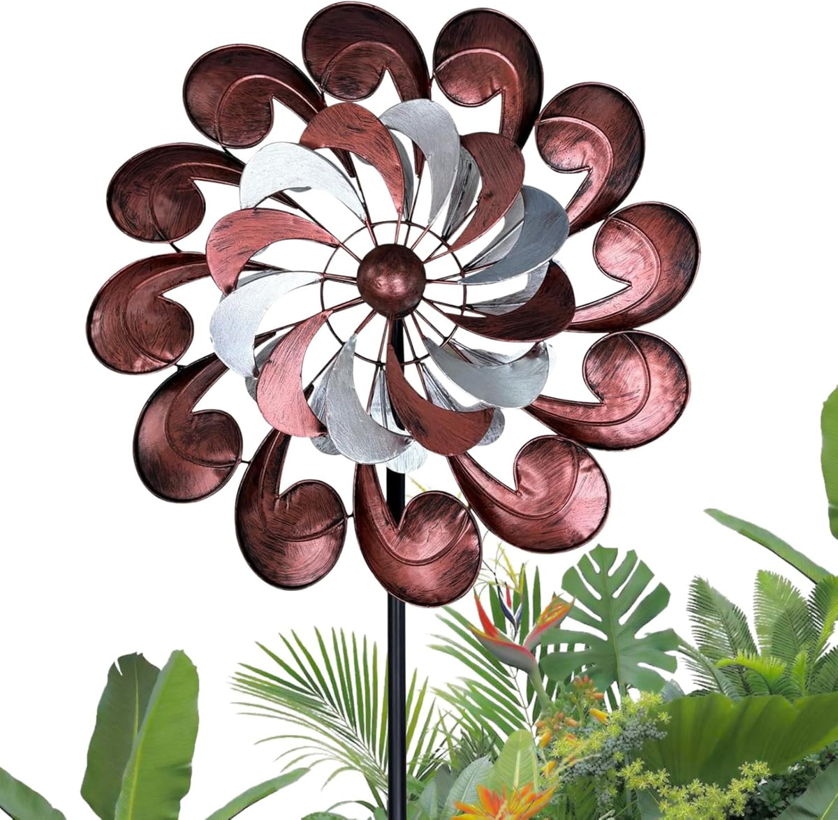 GUAGUA Classical Metal Wind Spinner Outdoor, 360 Degrees Swivel Wind Spinners for Yard and Garden, 74 Inch Kinetic Wind Sculptures Willow Leaves Patio Decor (Bronze & Red)