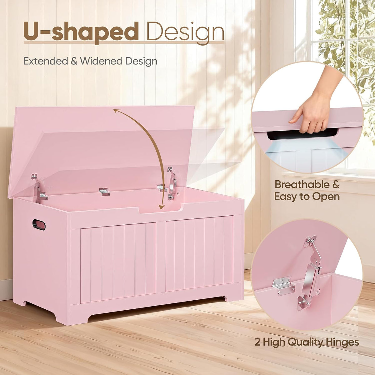 SUPER DEAL Storage Chest, 39 inches Chest Box Organizer with 2 Safety Hinges, Wooden Entryway Shoe Organizer Storage Bench, Pink