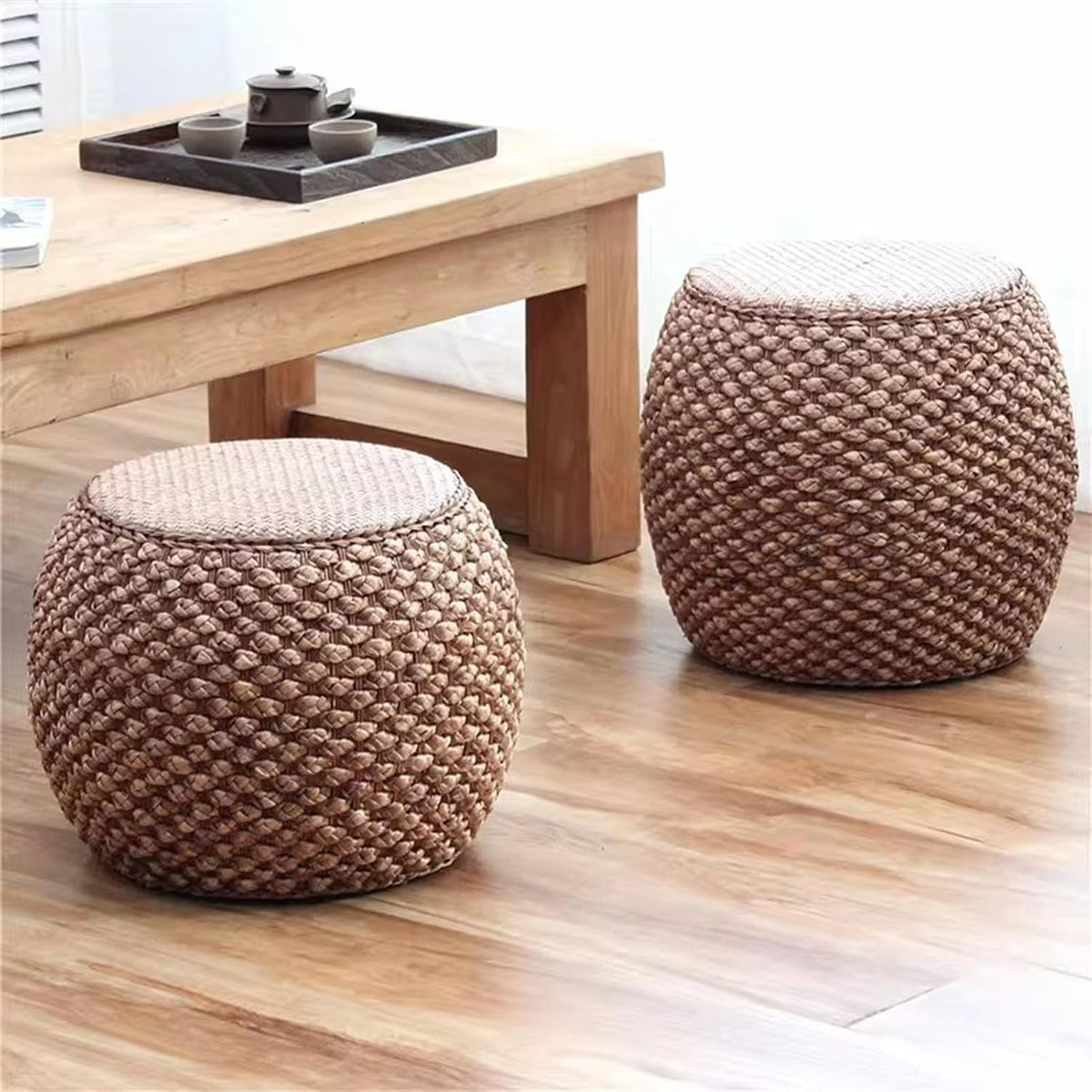 Small Round Ottoman Footrest Stool with Cushion Boho Decorative Accent Seat for Living Room Entryway Footrest Pouf Hand Knitted(22cm/8.6in)