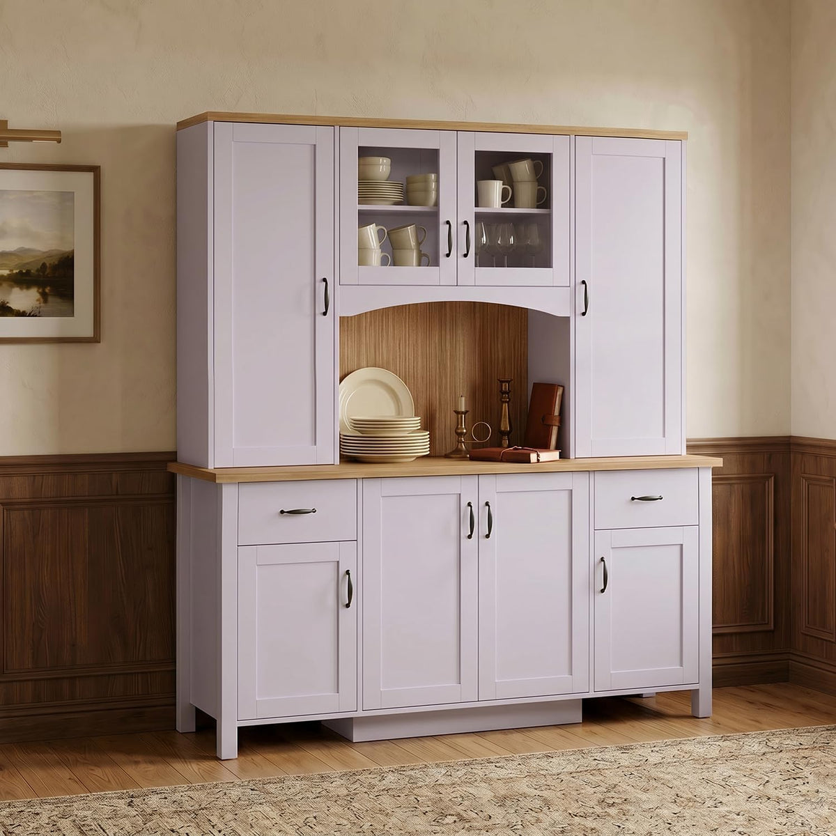 78.7” Farmhouse Kitchen Pantry Cabinet with Glass Doors & Hutch, Tall Pantry Storage Cupboard with 2 Drawers & Adjustable Shelf, Dining Room Home Bar, Purple & Brown, 66.9”W x 19.7”D x 78.7”H