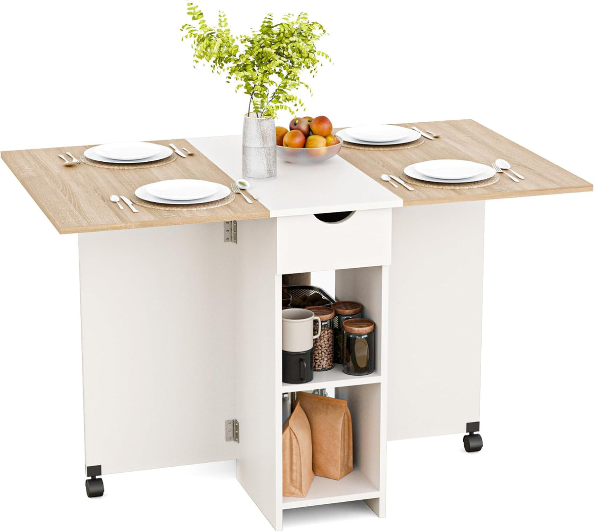 Mondeer Folding Dining Table with Drawer and Shelves, Oak & White | Drop Leaf Kitchen Table with 1 Drawer and 2 Storage Shelves in Modern Style for Small Spaces and Seats 4-6 People.