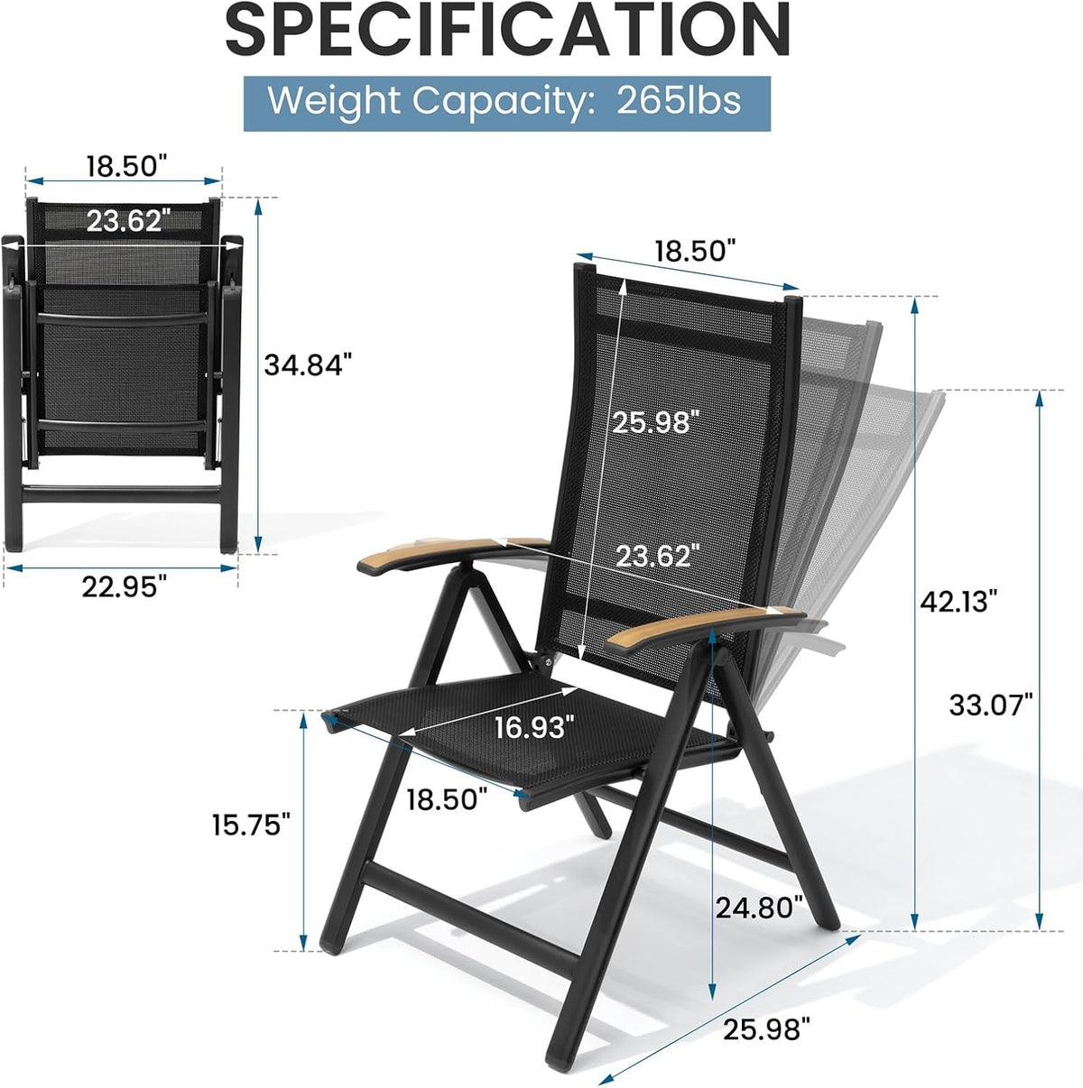 Crestlive Products Folding Patio Chairs Set of 2, 8-Level Adjustable Outdoor Recliner Chairs with Teak Armrest Aluminium Frame for Pool, Backyard, Black, DC071
