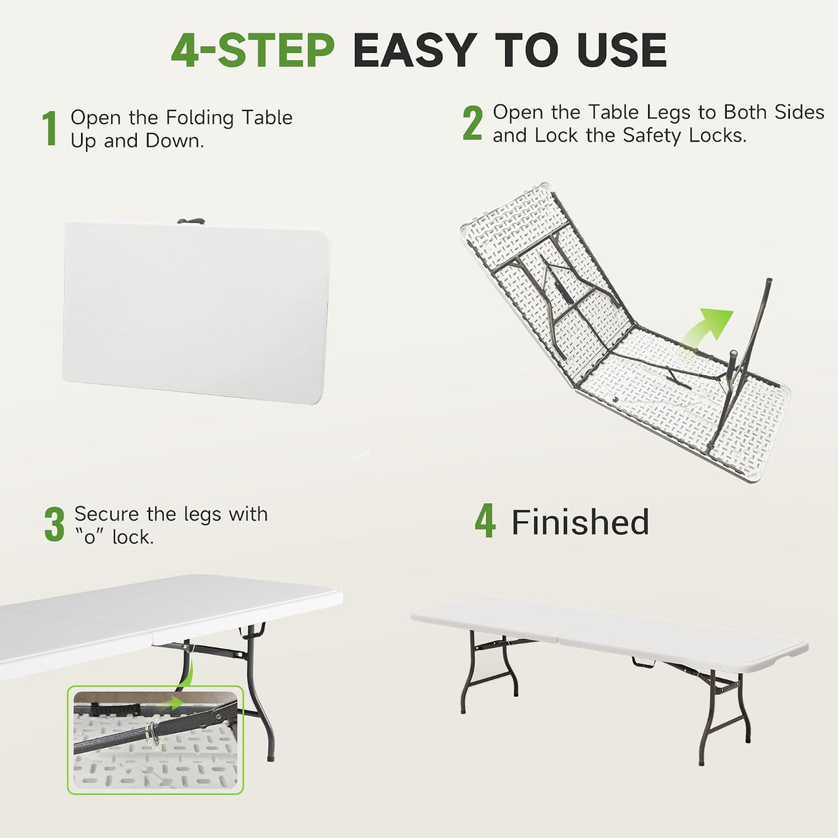 Folding Table 8 Foot - Heavy Duty 660LBS Capacity, Sturdy & Foldable Design with Safety Lock - Portable Tables Folding for Camping, Party, Indoor & Outdoor Use, 1 Pack