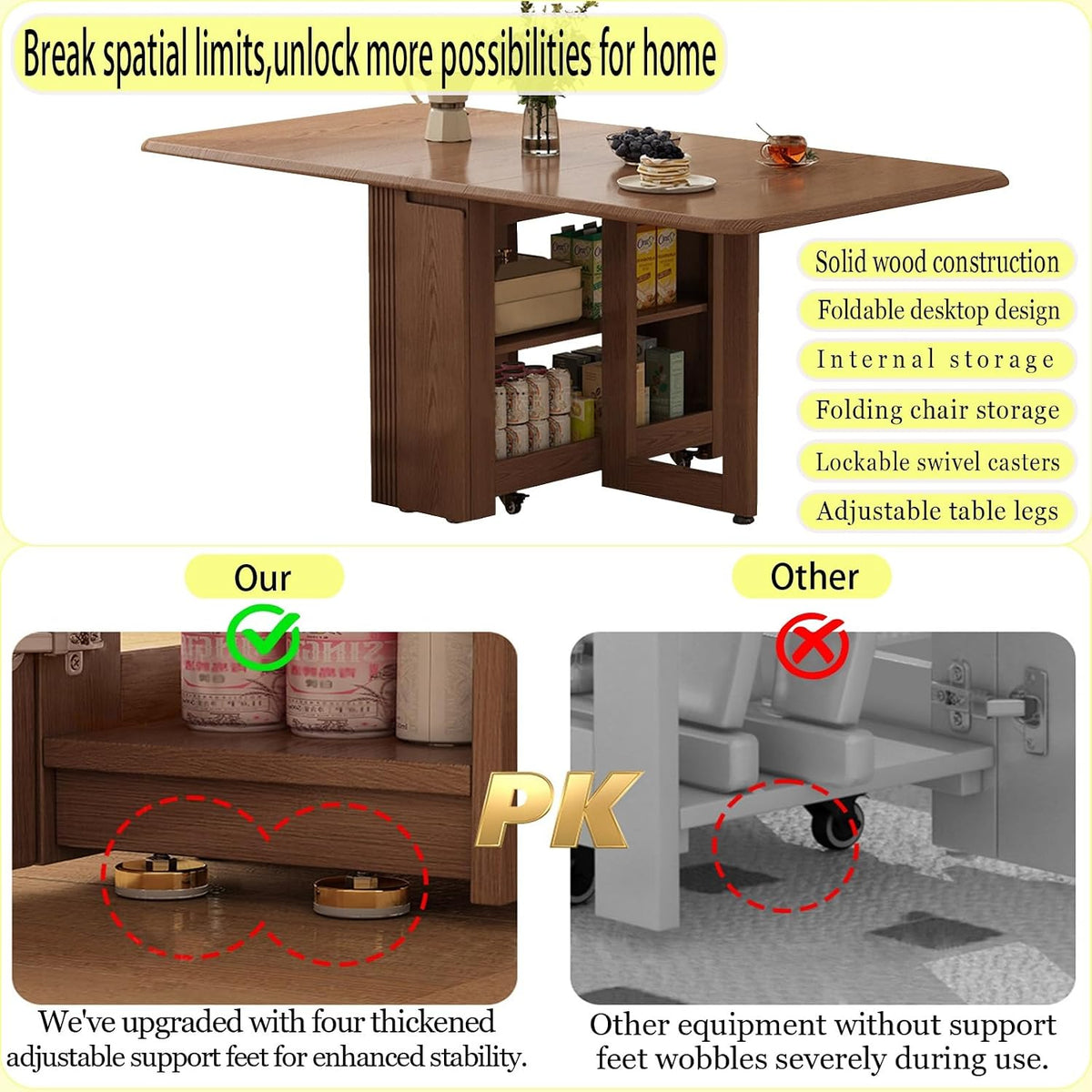 Folding Dining Table with Storage,Foldable into a Small Dining Table with Drawer and Storage,Applicable to All Room types-Walnut-120CM | 47.2"x31.5"x29.5"