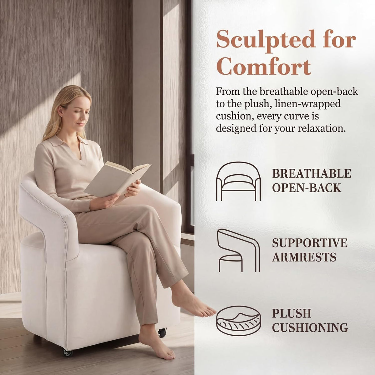 DUOMAY Modern Upholstered Dining Chairs with Swivel Casters - Set of 4 - Contemporary Linen Barrel Back Accent Side Chair Desk Chair for Dining Room Living Room Kitchen, Beige