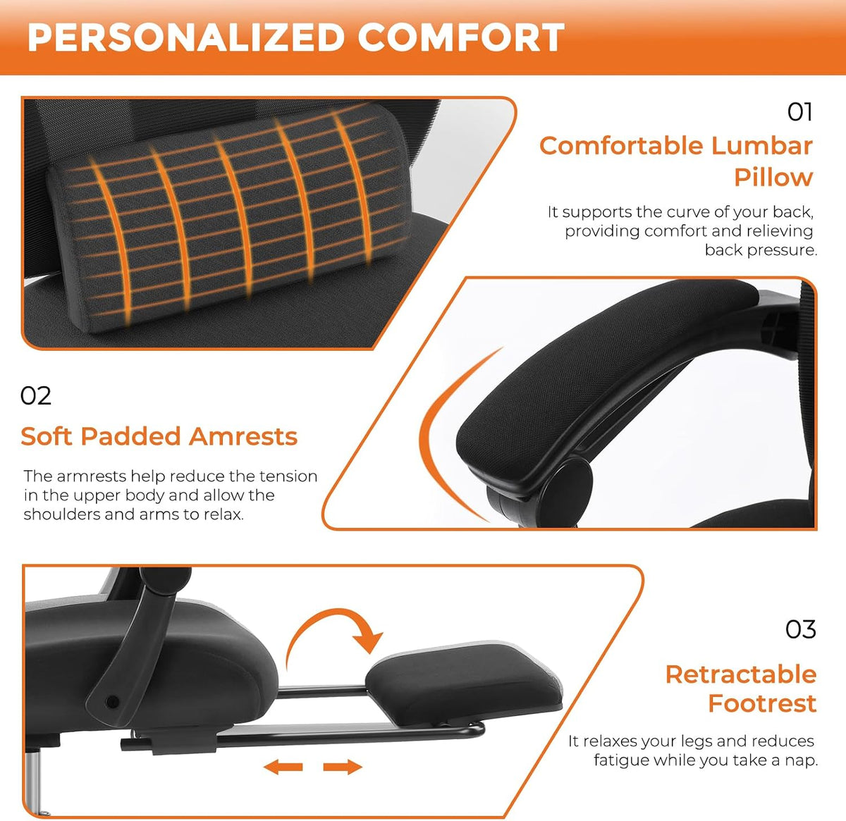 Sweetcrispy Ergonomic Office Chair, Computer Desk Chair with Lumbar Support | High-Back Mesh, 360° Rolling Work, Swivel with Wheels, Comfy Arms, Home Bedroom Study, Black