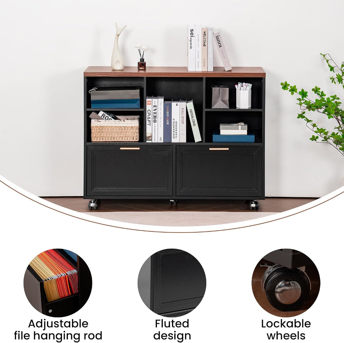 40" Lateral File Cabinet,Farmhouse Wood Small Home Office Storage with Wheels,Filing Cabinet with 2 Drawers for Legal/Letter/ A4 Size