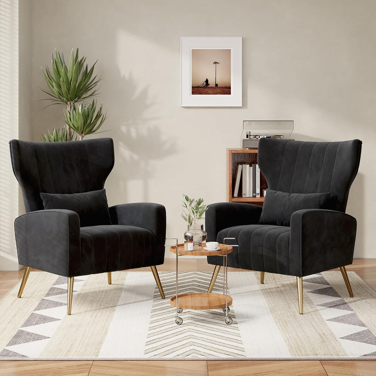 Nebuaegis Black Velvet Accent Chair Set of 2, Wingback Chair for Living Room, High Back Arm Chair with Golden Legs Lumbar Pillow, Upholstered Single Sofa Bedroom