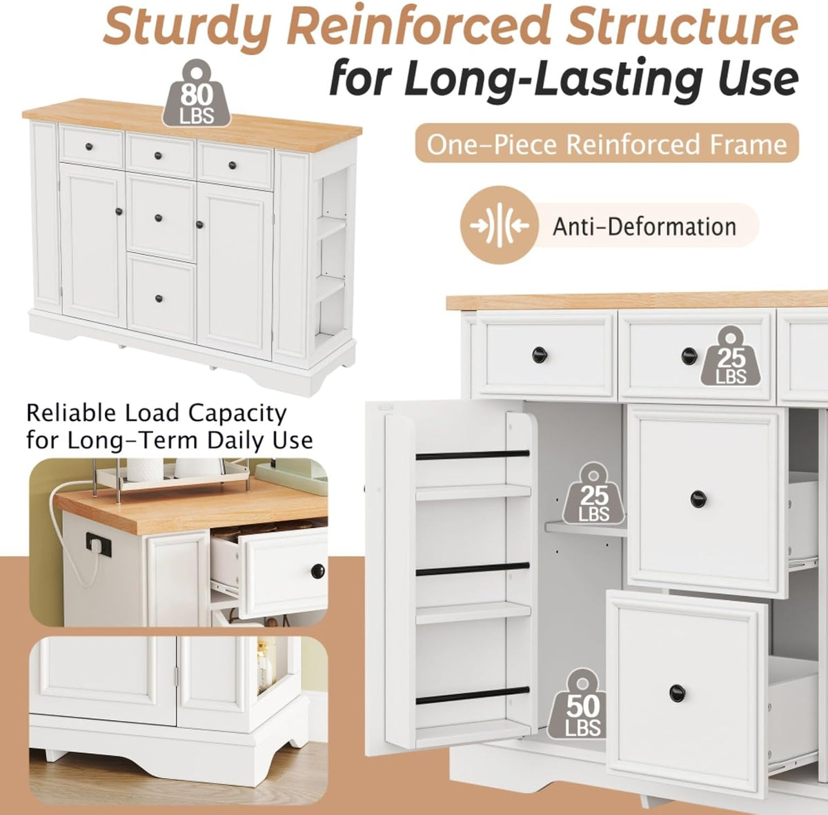 Hassyee Fixed Kitchen Island with Storage Space, Kitchen Console Table with 5 Drawers, 2 Cabinets, Adjustable Shelves, Buffet Server for Dining Room, Living Room, Entryway (White)