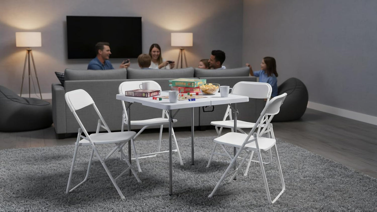 BTEXPERT 5 Piece Folding Card Table Portable and Chair Set, 34" Square Foldable Table 4 Adult Chairs for Board Games Party Home Indoor Outdoor Lightweight White Plastic