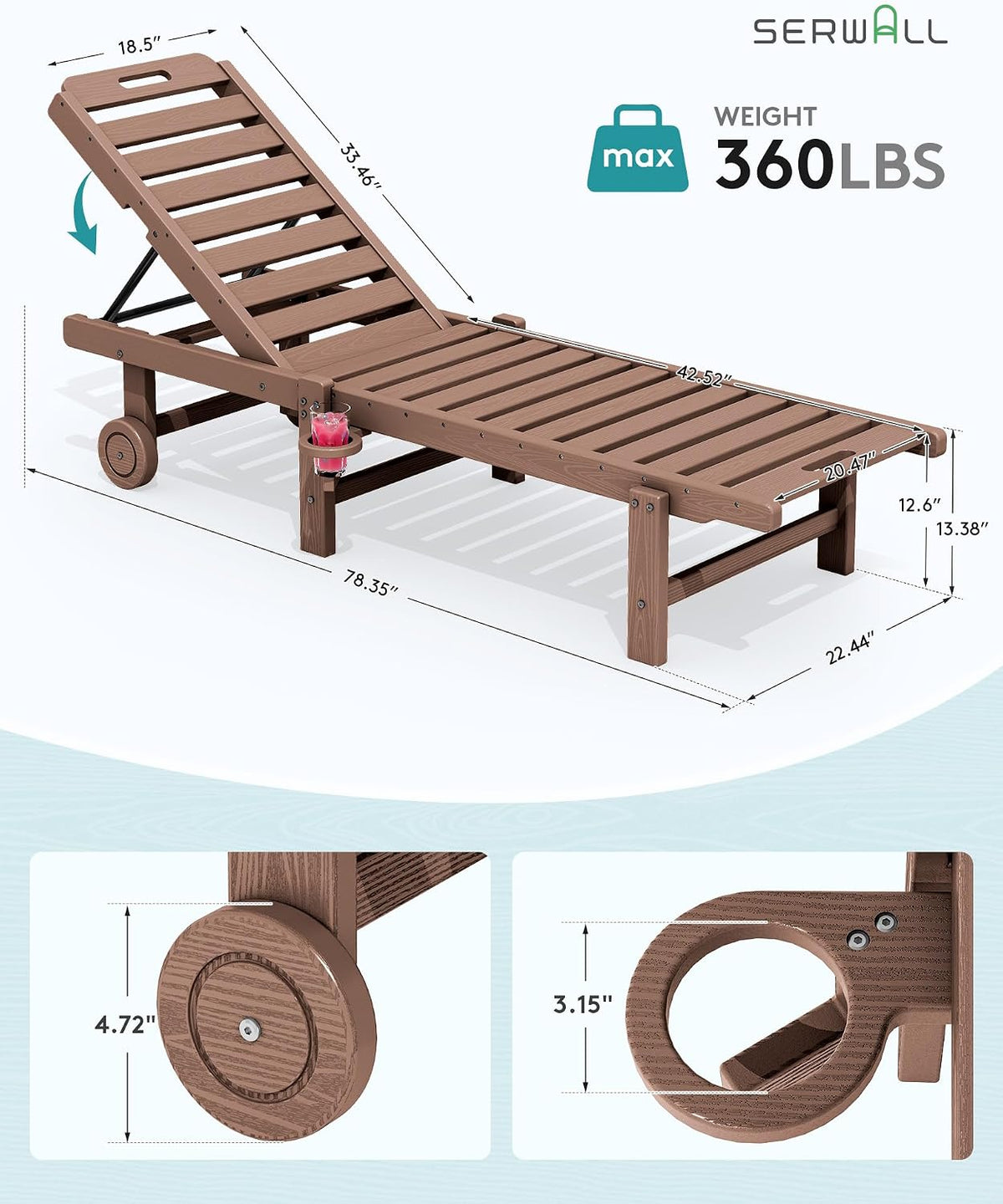 SERWALL HDPE Outdoor Chaise Lounge Set of 2 with Cup Holder & Wheels, Brown
