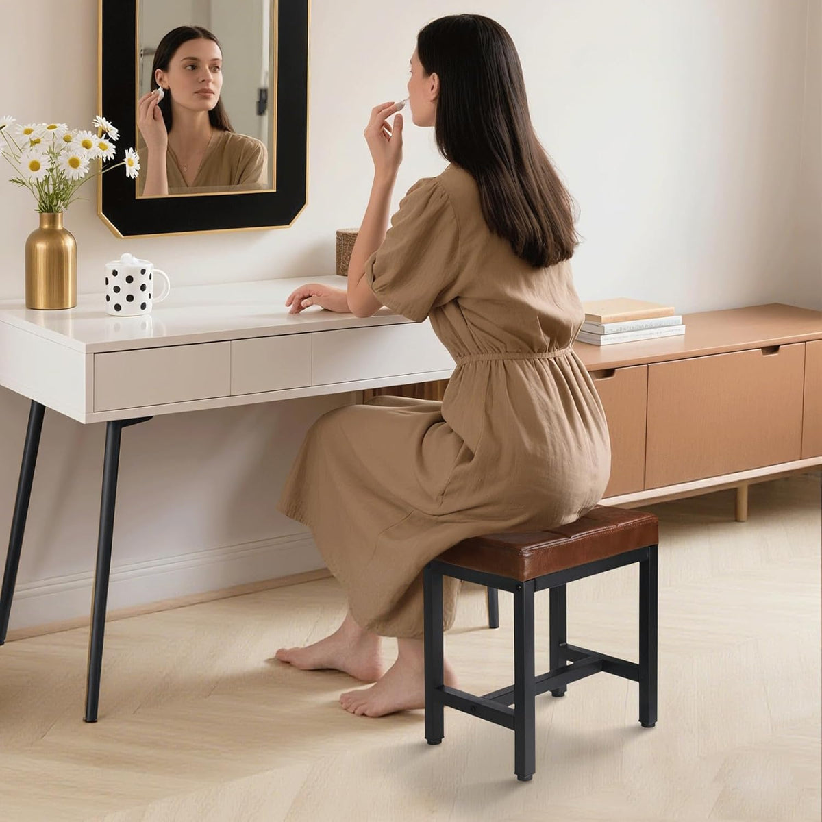 Vanity Stool, Vanity Chair for Makeup Room, Square Faux Leather Small Ottoman Foot Stool with Metal Legs, Modern Makeup Chair for Bedroom, Living Room, Brown
