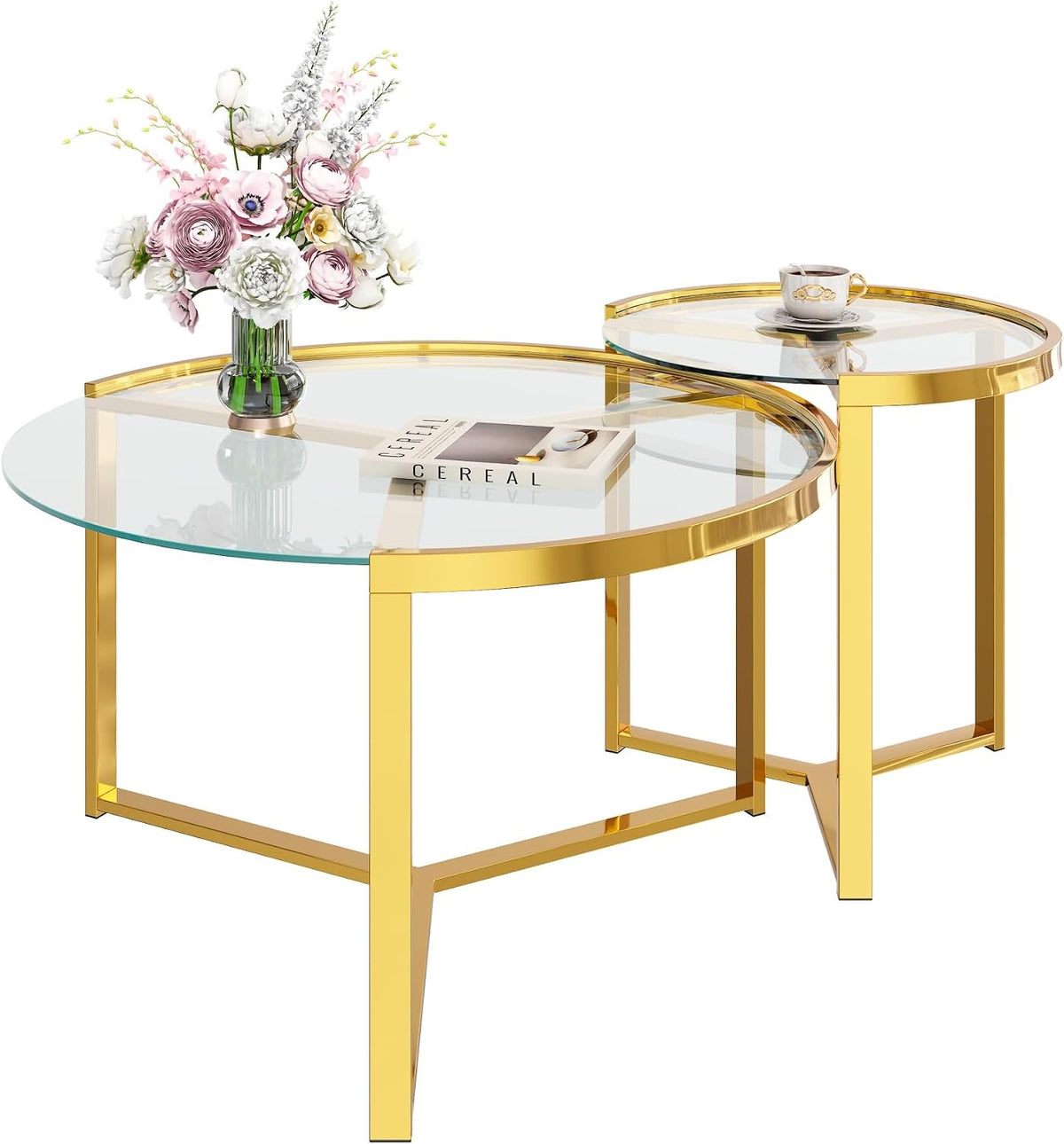 Glass Nesting Coffee Table Set with Metal Frame & Glam Design, Transparent | Modern Round Cocktail Center Table with Tempered Glass, Luxury for Living Room & Home Decor