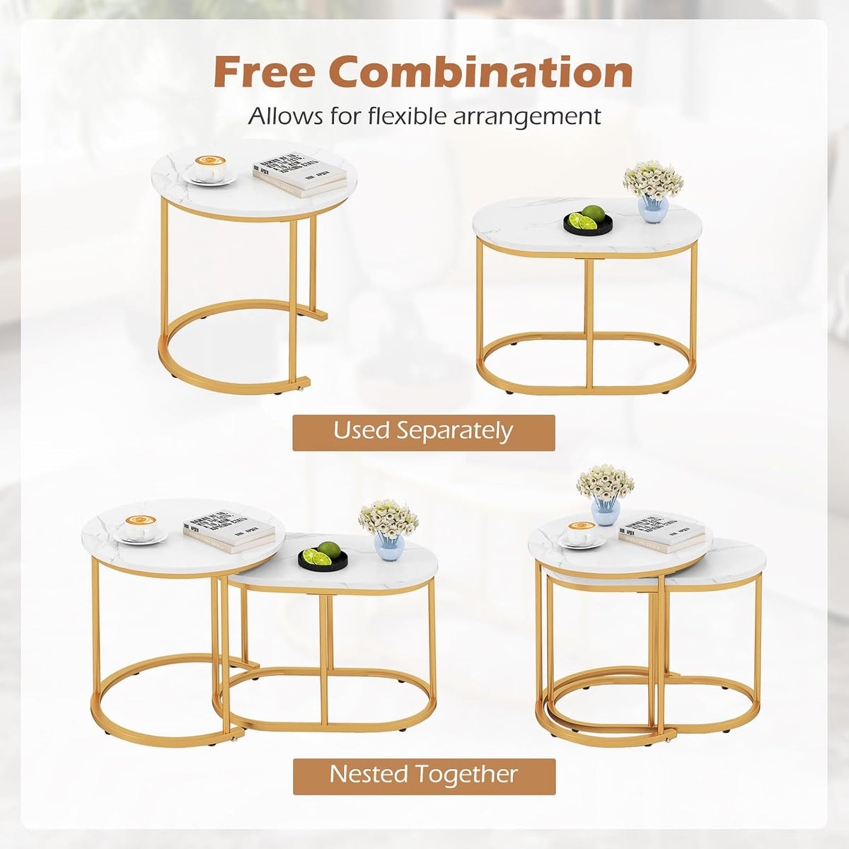 LDAILY Nesting Coffee Table Set with Marble-Look Top, 2-Piece | Golden Steel Frame, Easy Assembly, Accent Stacking Side Table, for Bedroom, Living Room, Apartment