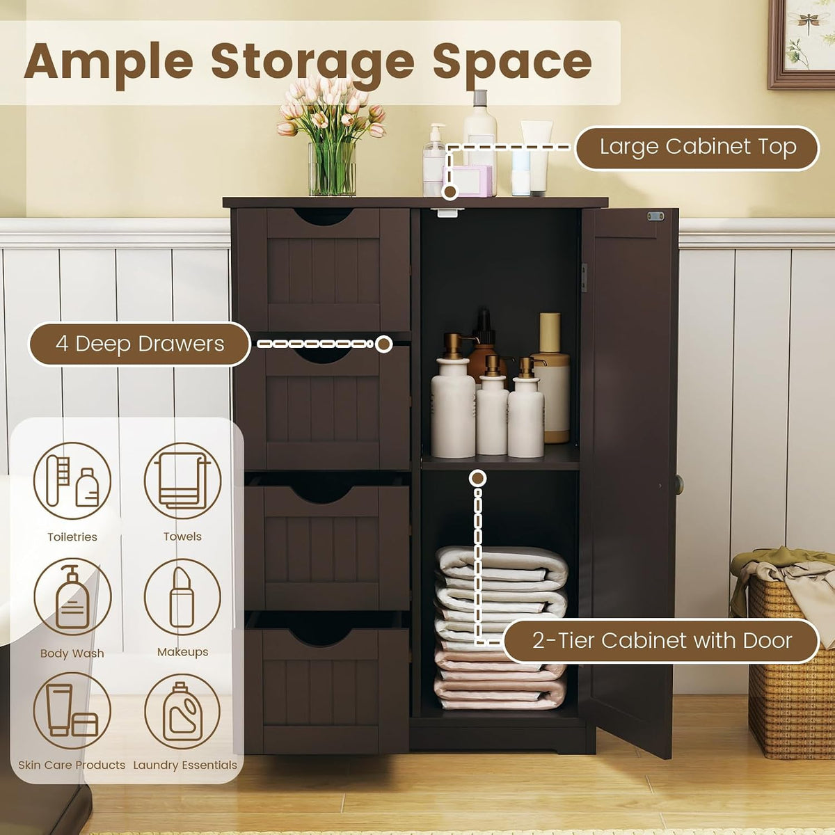 GLACER Bathroom Floor Cabinet, Multifunctional Storage Cabinet (Brown) | Wooden Side Storage Organizer | 4 Drawers & 1 Door | For Laundry Room, Living Room or Kitchen