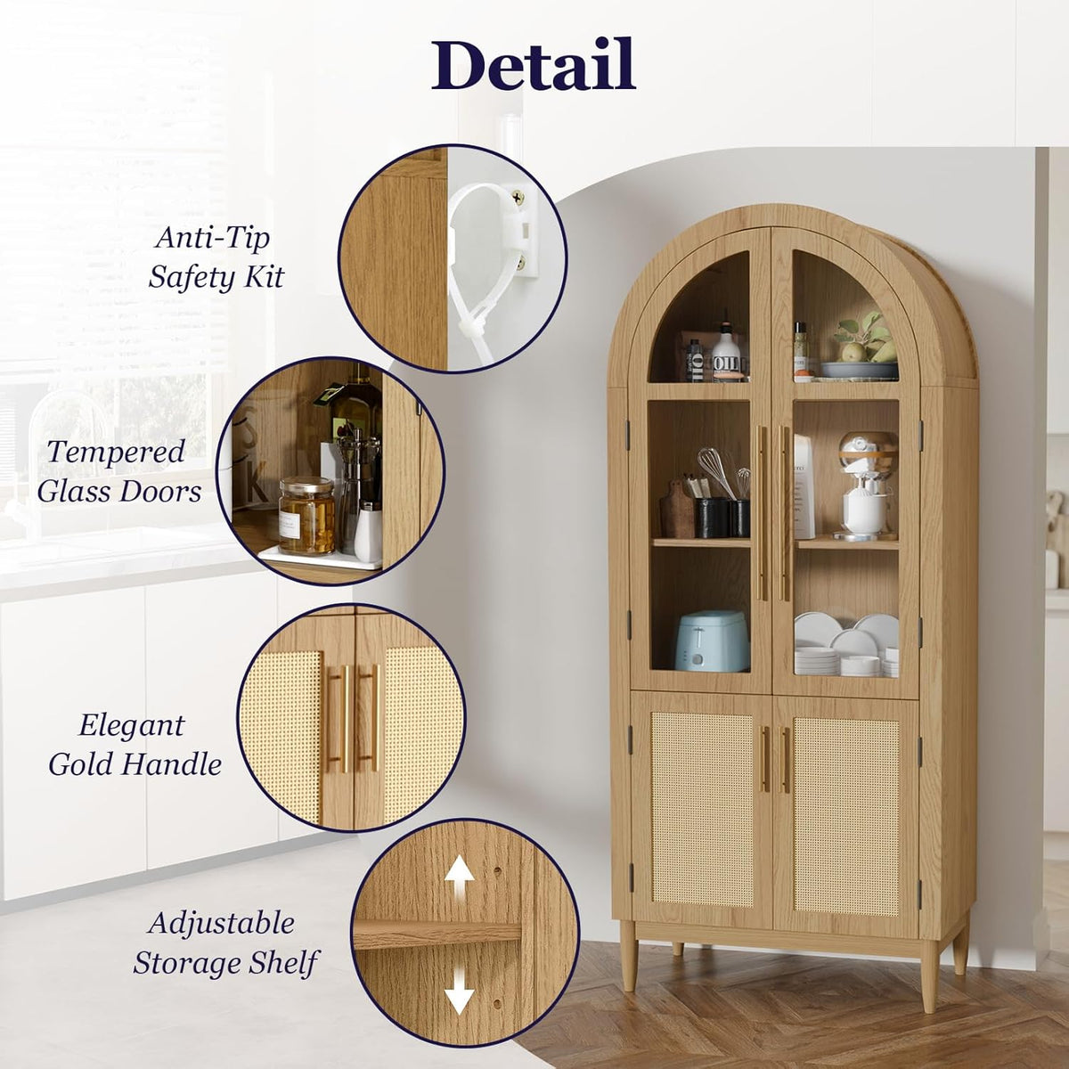 71" Tall Arched Cabinet with Glass Doors, Kitchen Pantry Storage Cabinet with Dust-Proof Rattan, 5-Tier Curio China Cabinet with Adjustable Shelves for Living Room Dining Room, Oak
