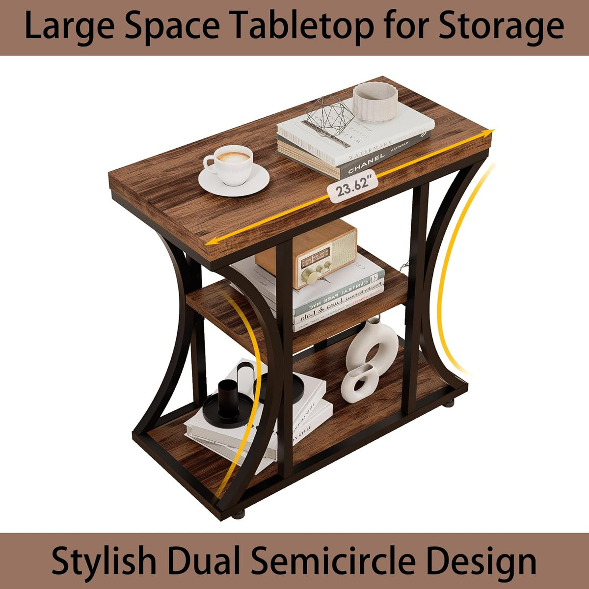 3 Tier End Table with Storage, Narrow End Table for Living Room and Bedroom, Small Space Wood and Metal Side Table, Rustic Brown