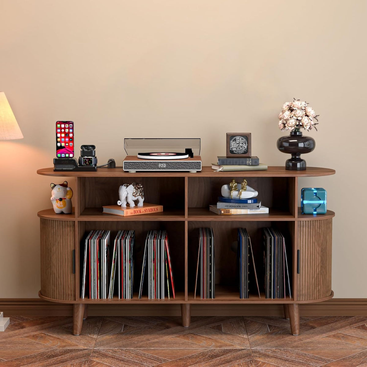 LUVIOHOME Large Round Record Player Stand with Charging Station & USB Ports | Record Storage Cabinet, Mid Century Modern Turntable Stand for Bedroom Living Room