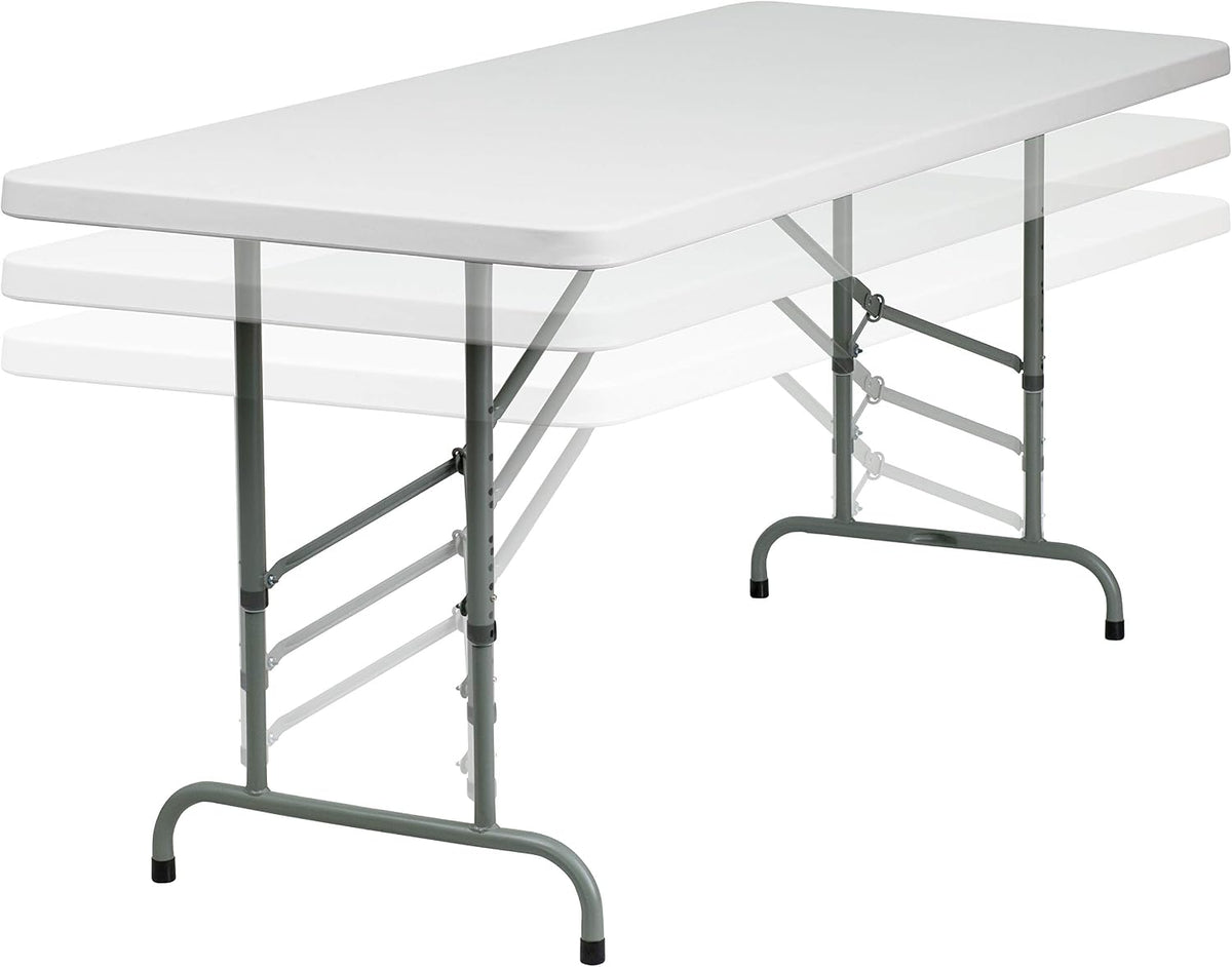 Flash Furniture 6-Foot Adjustable Plastic Folding Table, White | Bi-Fold, Carrying Handle, Commercial Grade, Easy Storage