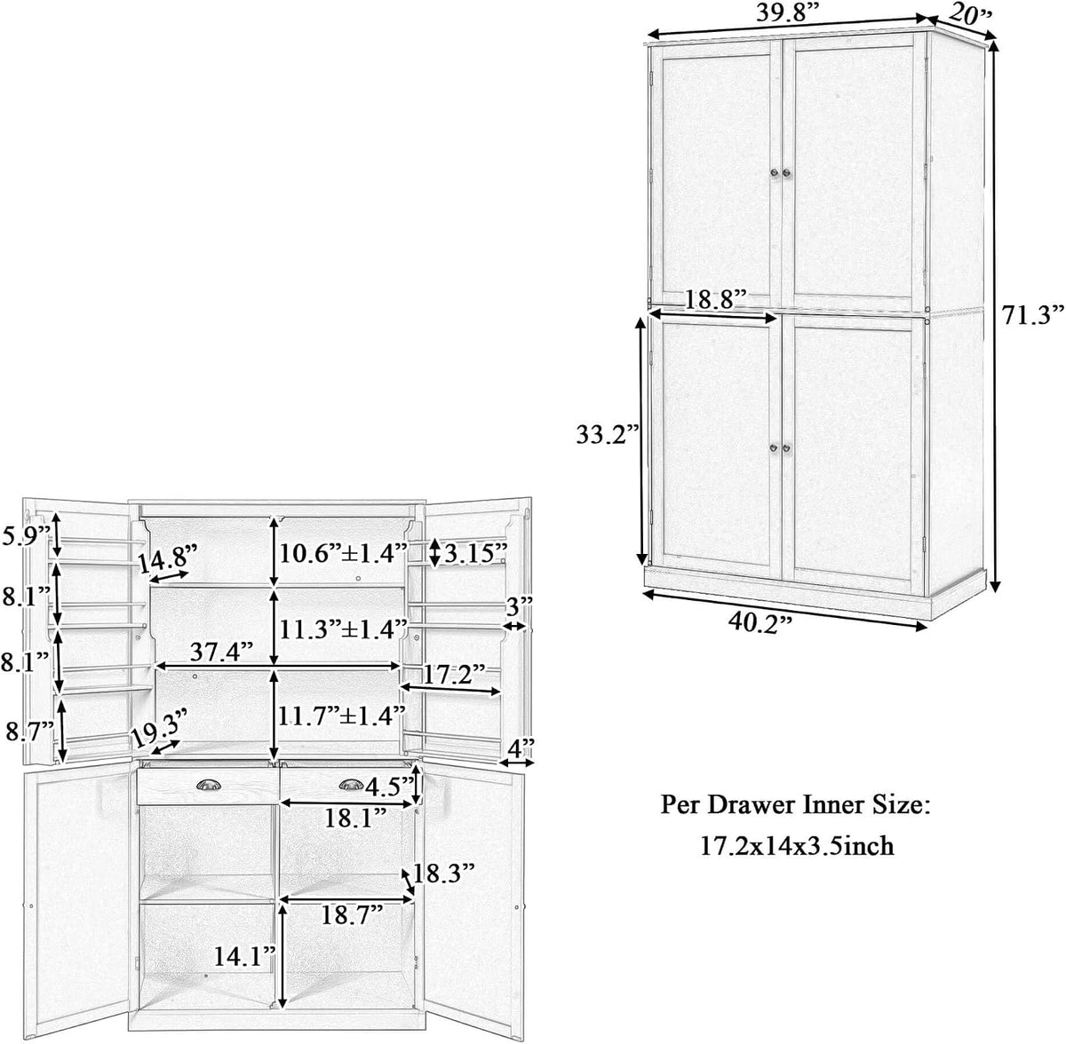 Litex 40.2" Wide Kitchen Pantry Cabinet, 71.3" Tall Freestanding Storage Cabinet with 2 Drawers, Adjustable Shelves & 8 Door Shelves, Large Farmhouse Kitchen Cupboard for Kitchen Dining Room (White)