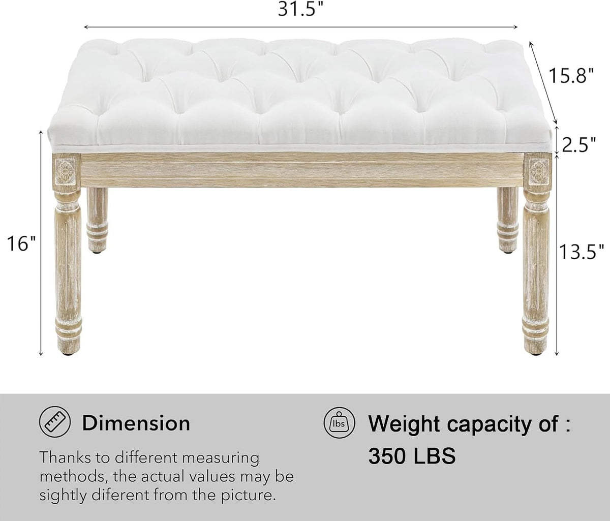 LOULENS French Vintage Bench, Linen Fabric Entryway Bench, Upholstered Tufted End of Bed Bench with Brushed Wood Legs, White