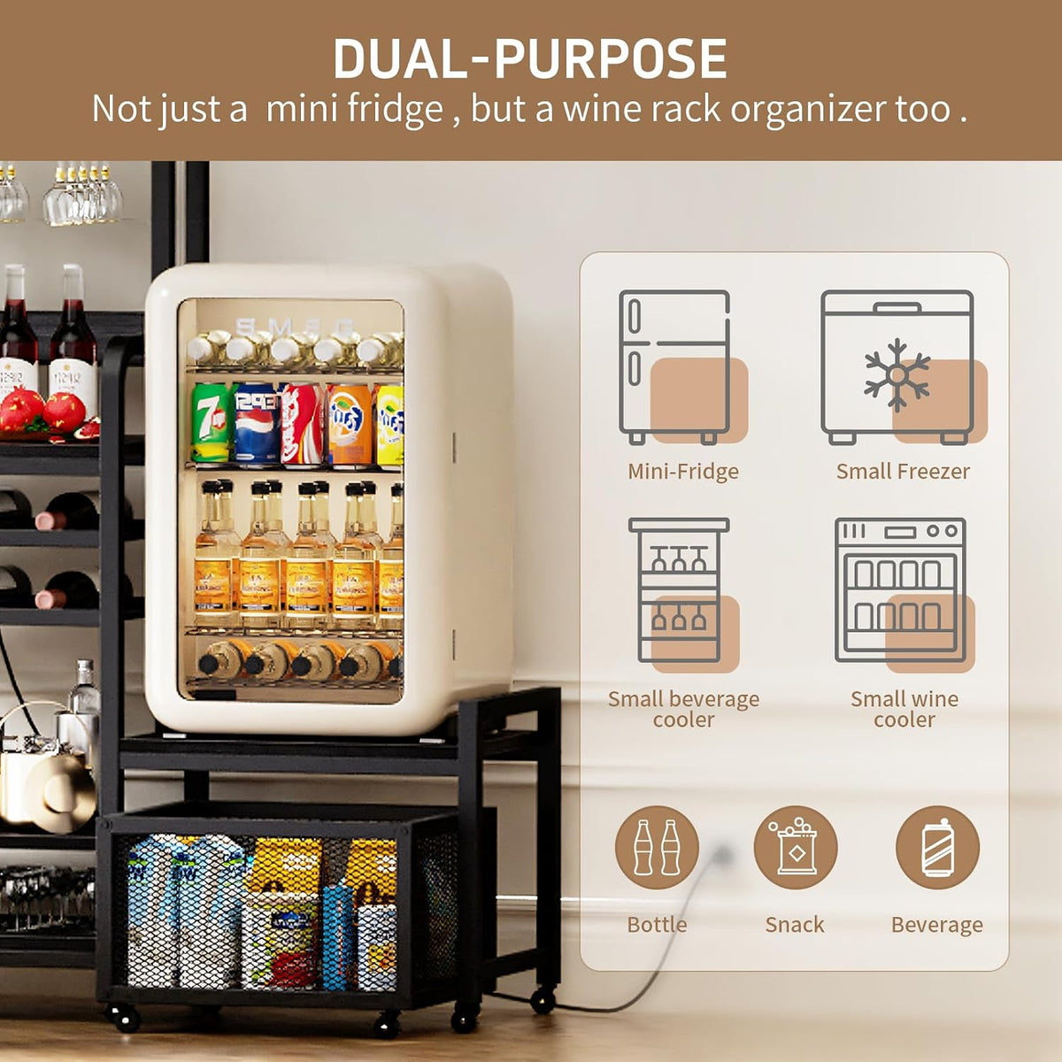 Mini Fridge Stand with Power Outlet, Microwave Stand with Wine Rack, Coffee bar with Removable Storage Baskets, Suitable for Dorm, Kitchen, Dining Area, Black